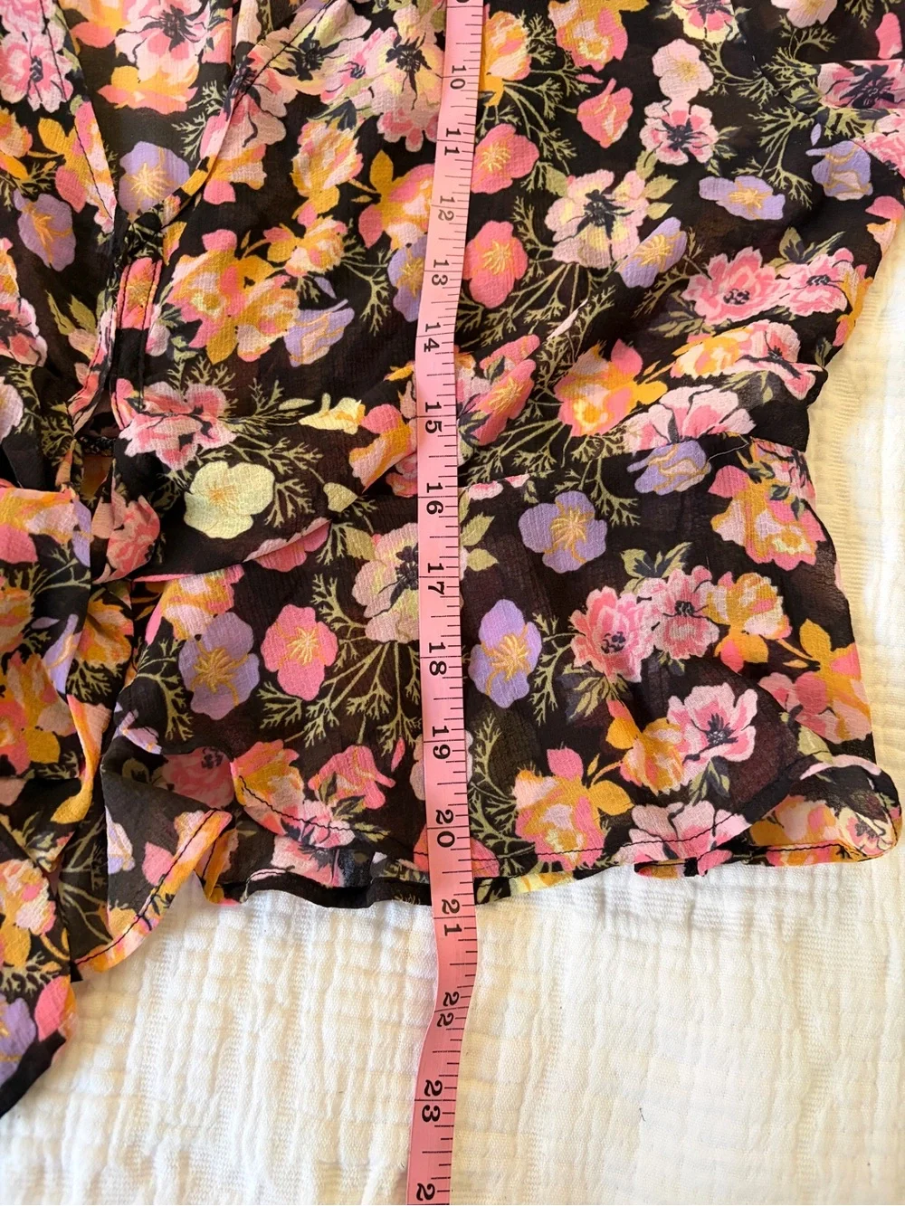 Free People Black Blouse with Pink, Purple & Yellow Floral Print Tie Front
